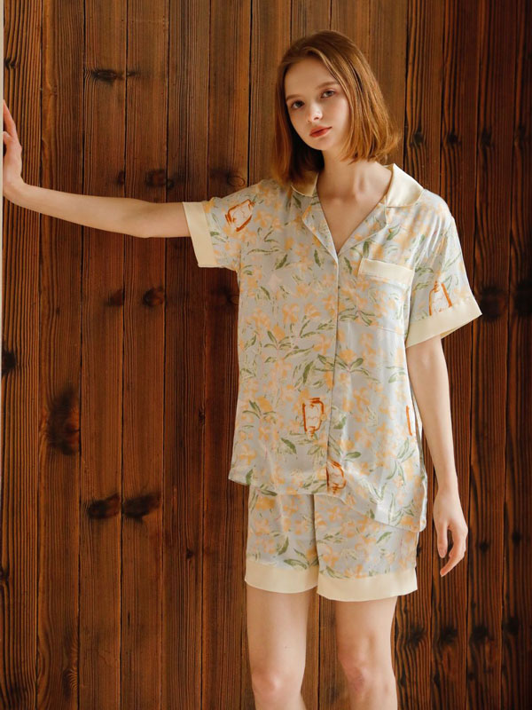 Short Sleeve Magnolia Flower Pajama Set