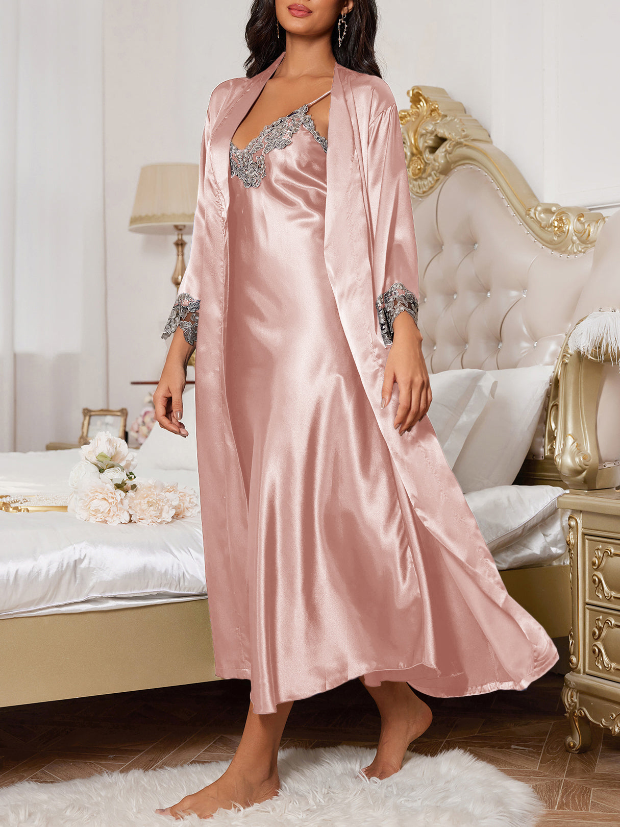 Lace V Neck Nightdress & Robe Set