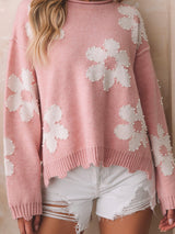 Beaded Flower Printed Pink Sweater