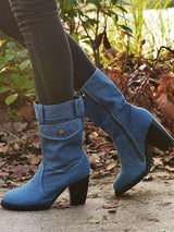 Denim Block Heel Mid-Calf Boots