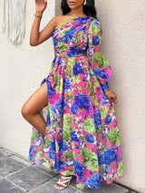 One Shoulder Lantern Sleeve Maxi Dress