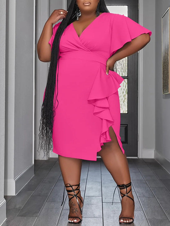 Rufffle Sleeve V Neck Bodycon Maxi Dress