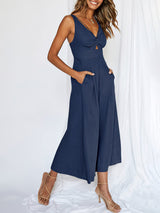 V Neck Hollow Pleated Wide Leg Jumpsuits