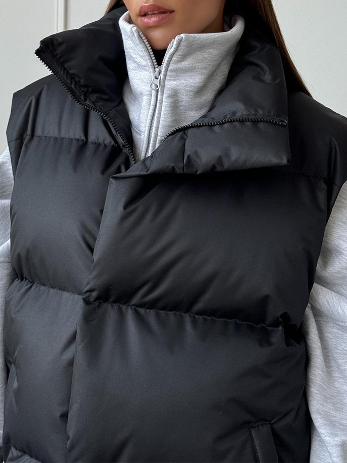 Lapel Solid Color Puffer Vest Jacket