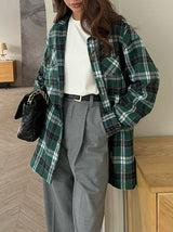 Color Block Plaid Long Sleeve Green Shirt