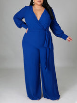 V Neck Solid Color Tie Up Jumpsuits