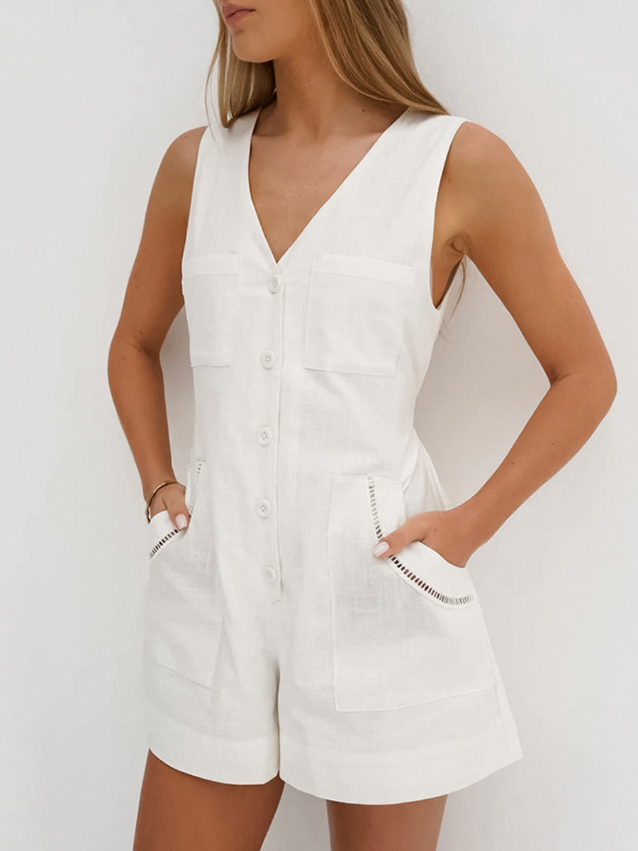 V Neck Tie Up Wide Leg Romper