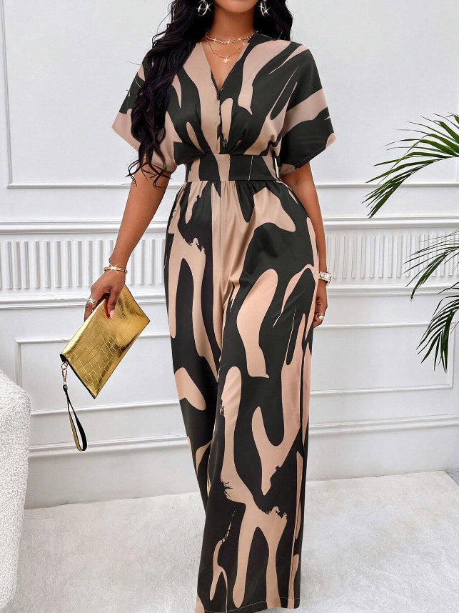 Printed High Waist V Neck Jumpsuits