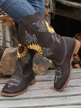 Vintage Embroidered Block Heel Mid-Calf Boots