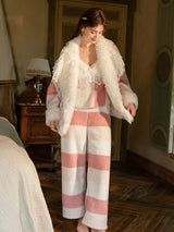 Flannel Lace Cami Top & Pants Robe Pajama Set