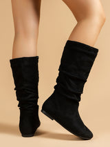 Suede Pleated Solid Color Mid-Calf Boots