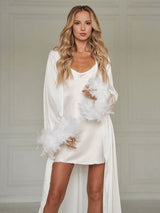 Feather Trim Satin Cami Nightdress & Robe Set
