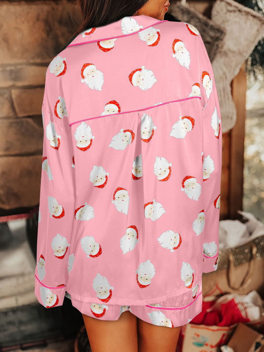 Santa Print Satin Long Sleeve Pajama Set