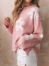 Beaded Flower Printed Pink Sweater