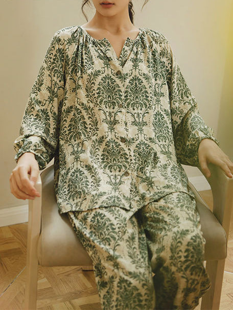 Plant Print Cotton V Neck Pajama Set