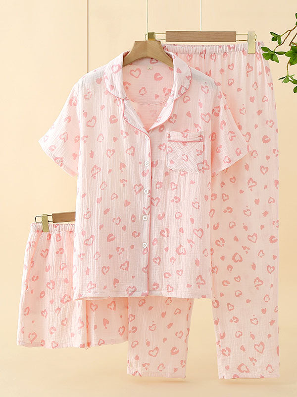 3Pcs Summer Pink Heart Print Pajamas Set