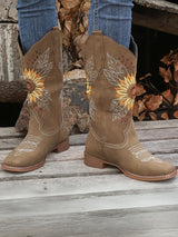 Vintage Embroidered Block Heel Mid-Calf Boots