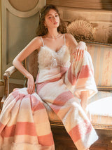 Flannel Lace Cami Top & Pants Robe Pajama Set