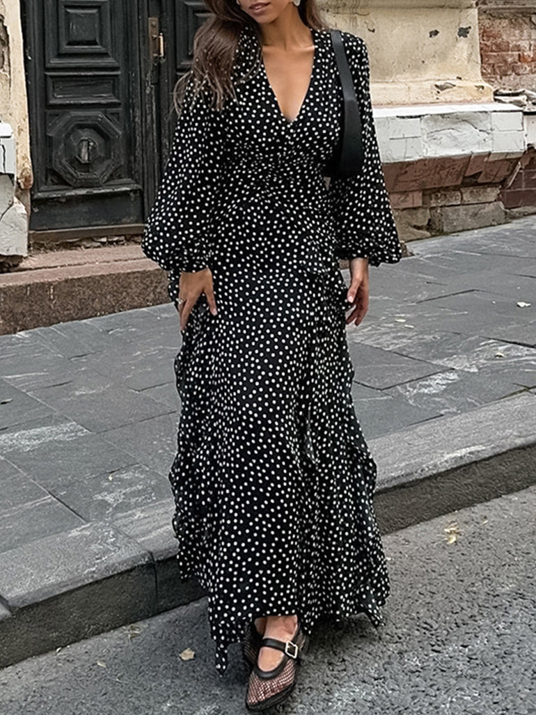 Puff Sleeve V Neck Polka Dot Maxi Dress