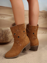 Hollow Out Block Heel Mid-Calf Boots