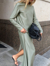 Solid Color Long Sleeve Slit Satin Maxi Dress