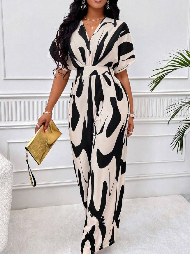 Printed High Waist V Neck Jumpsuits