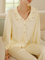 Rose Embroidery Bubble Sleeve Pajama Set