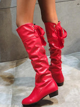 Solid Color Pleated Tie Up Knee High Boots