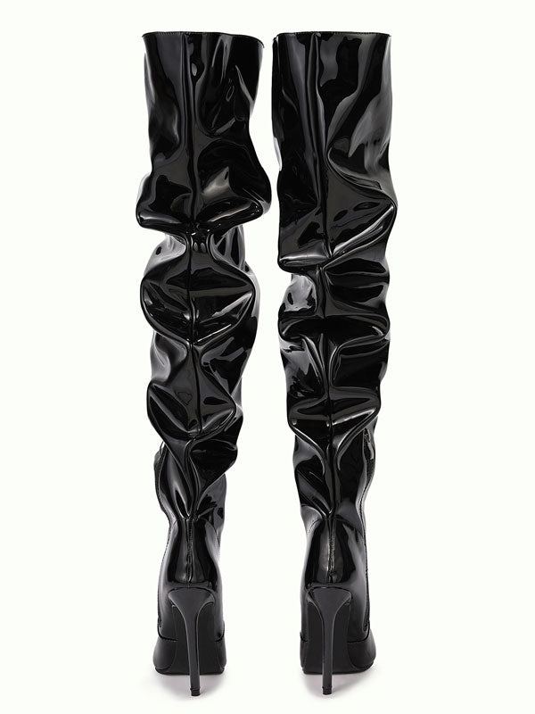 Pleated Leather Thigh High Boots