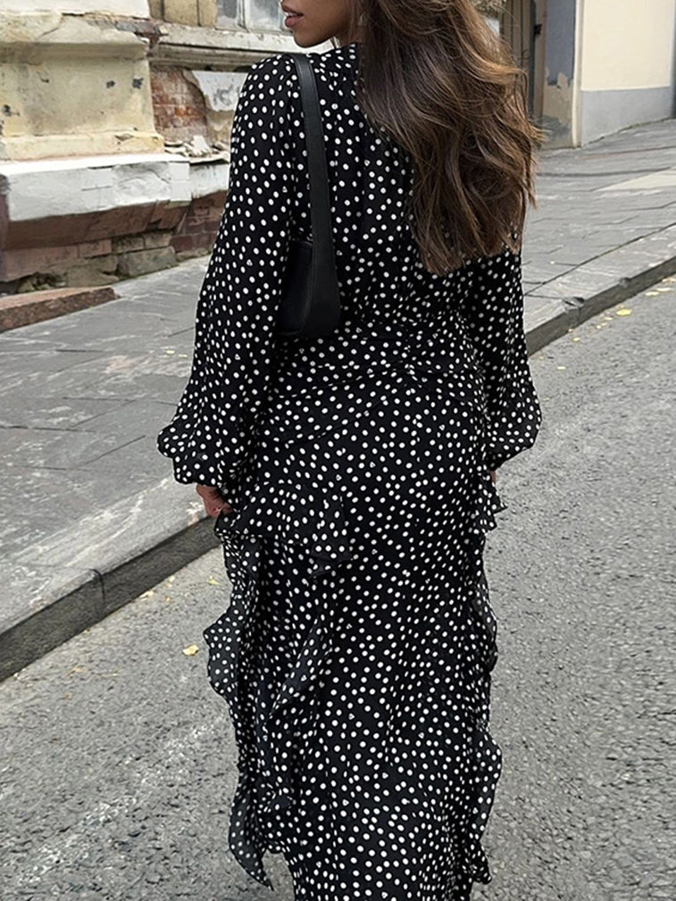 Puff Sleeve V Neck Polka Dot Maxi Dress