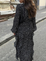 Puff Sleeve V Neck Polka Dot Maxi Dress