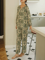 Plant Print Cotton V Neck Pajama Set