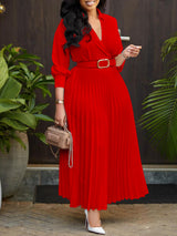 Lapel Pleated Solid Color Maxi Dress