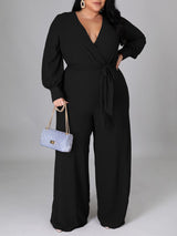 V Neck Solid Color Tie Up Jumpsuits