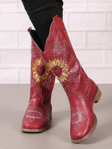 Vintage Embroidered Block Heel Mid-Calf Boots