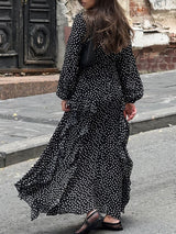 Puff Sleeve V Neck Polka Dot Maxi Dress