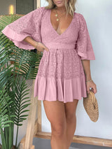 V Neck Lace Patchwork Bat Sleeve Mini Dress