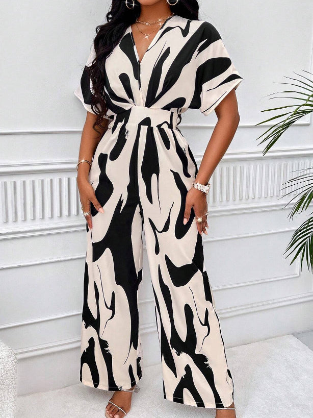 Printed High Waist V Neck Jumpsuits