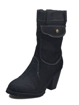 Denim Block Heel Mid-Calf Boots