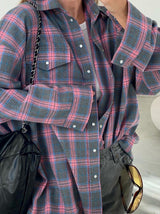 Lapel Long Sleeve Color Block Plaid Shirt