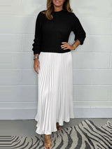 Crew Neck Pleated Long Sleeve Maxi Dress