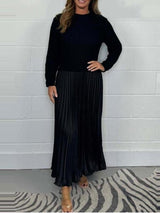 Crew Neck Pleated Long Sleeve Maxi Dress