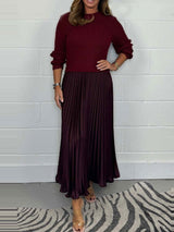 Crew Neck Pleated Long Sleeve Maxi Dress