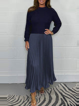 Crew Neck Pleated Long Sleeve Maxi Dress