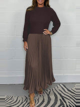 Crew Neck Pleated Long Sleeve Maxi Dress