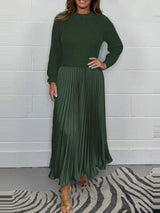 Crew Neck Pleated Long Sleeve Maxi Dress