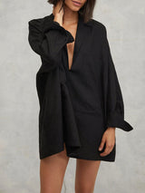 Deep V Solid Color Shirt Mini Dress