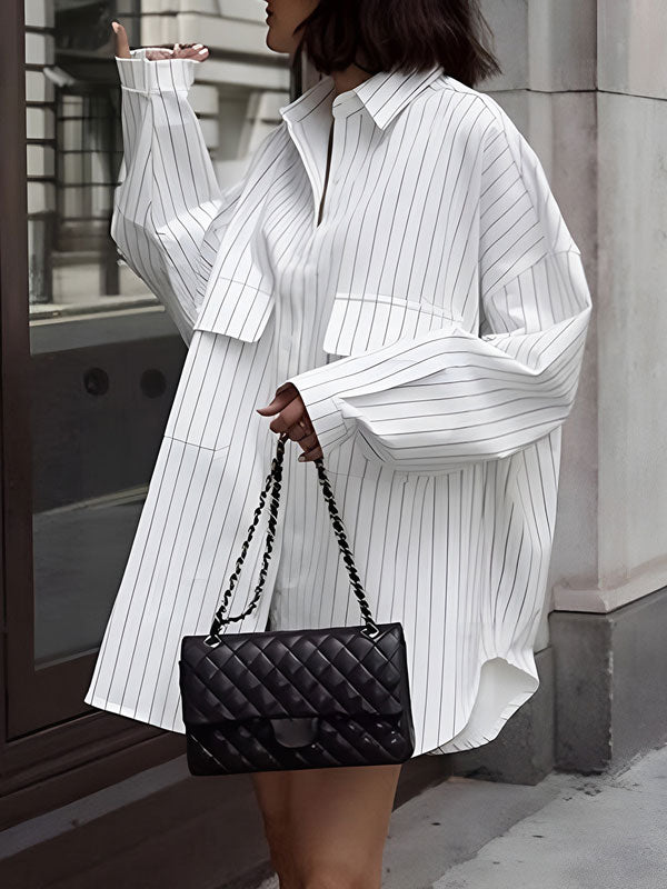 Striped Lapel Long Sleeve White Shirts