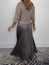 Crew Neck Pleated Long Sleeve Maxi Dress