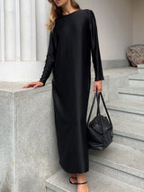 Solid Color Long Sleeve Slit Satin Maxi Dress